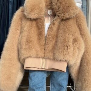 Faux Fox Bomber Jacket in Bisque